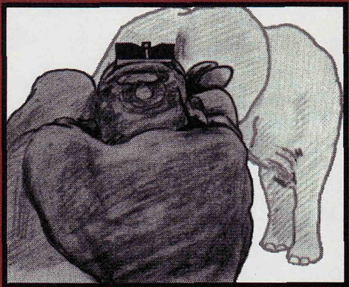 Sight picture with one eye closed (shaded portion represents the hands holding the rifle).